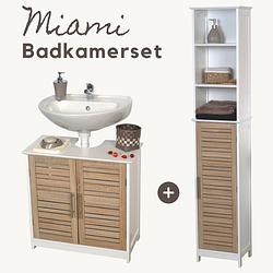 Foto van Badkamerset - wastafel onderkast - wastafelmeubel - kolomkast - badkamerkast - complete set - wit/eiken