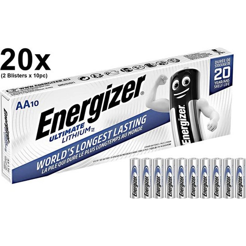 Foto van Aa l91 energizer ultimate lithium 3000mah 1.5v - 20 stuks (2 blisters a 10st)