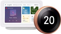 Foto van Nest learning thermostat v3 premium koper + google nest hub 2 chalk