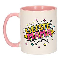 Foto van Liefste mama cadeau mok / beker wit en roze 300 ml - feest mokken