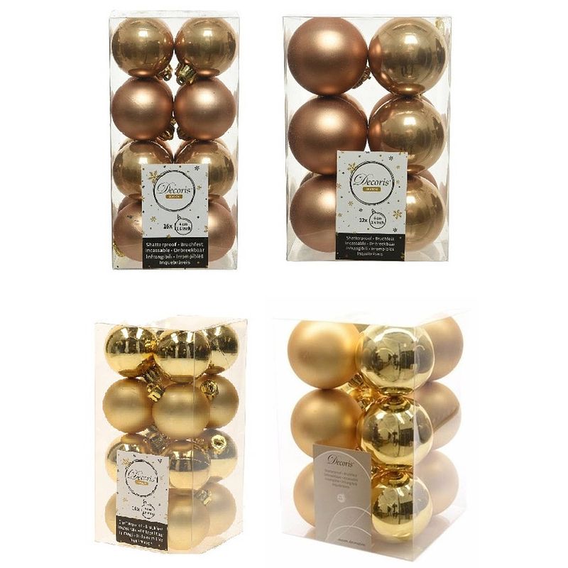 Foto van Kerstversiering kunststof kerstballen mix goud/ camel bruin 4 en 6 cm pakket van 80x stuks - kerstbal