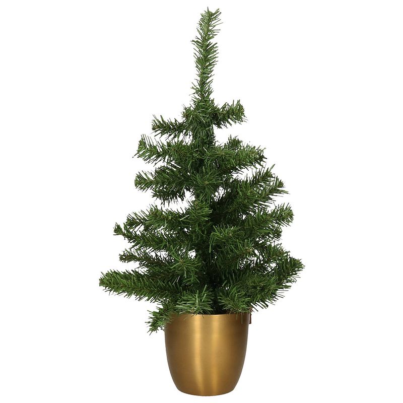 Foto van Kunst kerstboom/kunstboompje groen in gouden pot h60 cm - kunstkerstboom