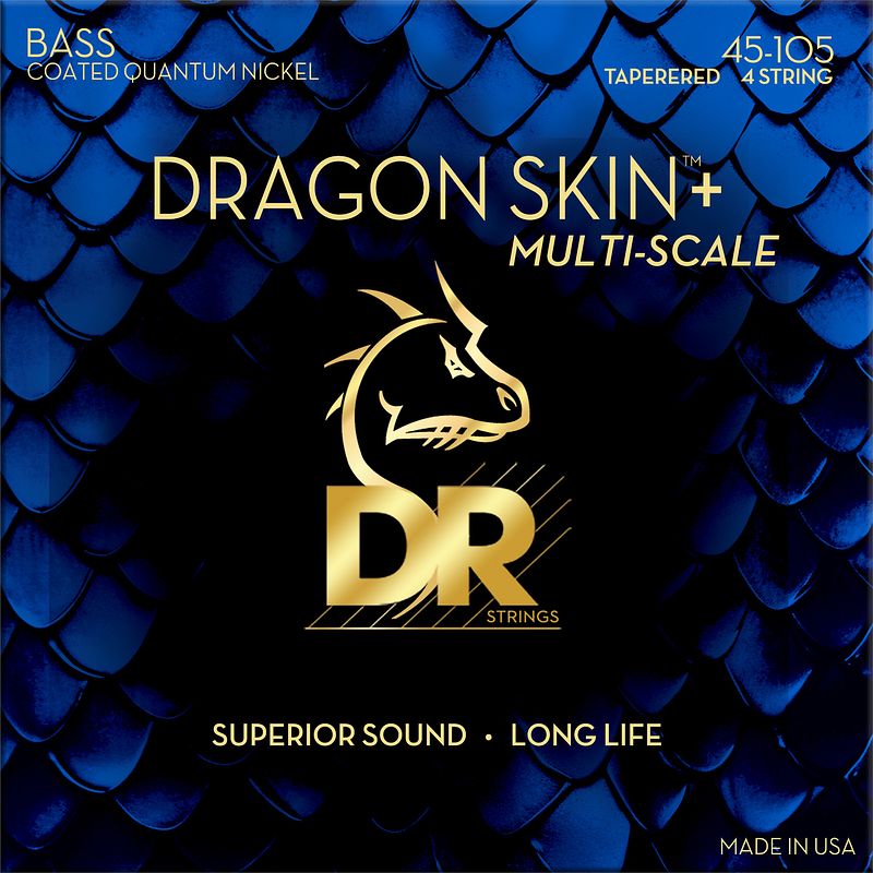 Foto van Dr strings dragon skin+ coated bass strings multi-scale tapered 45-105 voor elektrische basgitaar