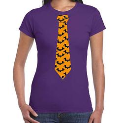 Foto van Halloween/thema verkleed feest stropdas t-shirt vleermuizen voor dames - paars xl - feestshirts