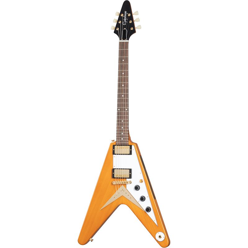 Foto van Epiphone 1958 korina flying v white pickguard elektrische gitaar met koffer