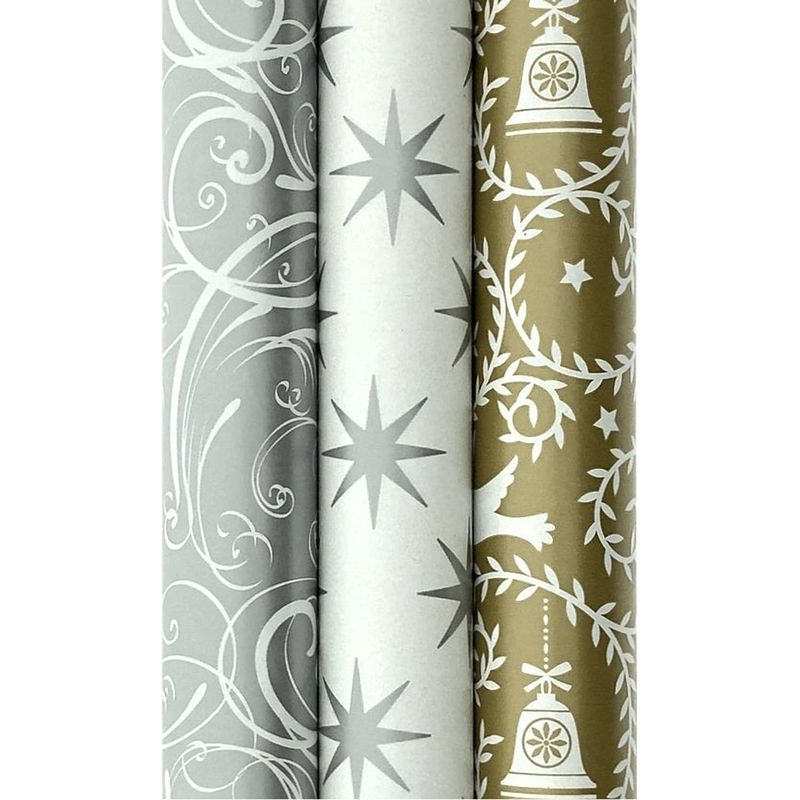 Foto van Assortiment cadeaupapier - inpakpapier voor kerst zilver en goud - 200 x 70 cm - 3 rollen