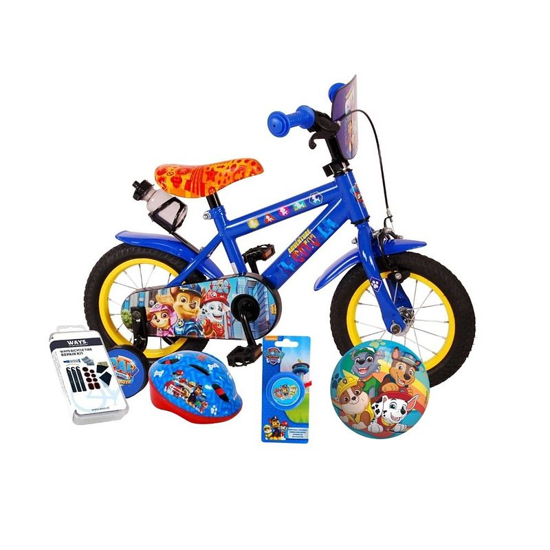 Foto van Volare kinderfiets paw patrol - 12 inch - blauw - twee handremmen - inclusief fietshelm en accessoires