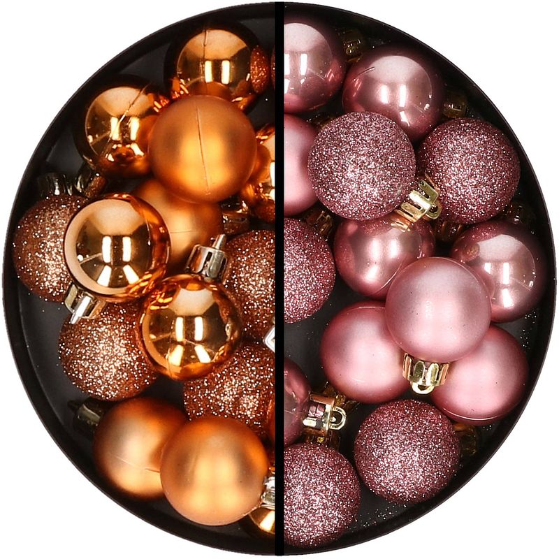 Foto van 34x stuks kunststof kerstballen koper en velvet roze 3 cm - kerstbal