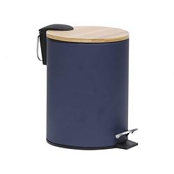 Foto van Gebor - stijlvolle design prullenbak met bamboe deksel - blauw/bamboe - klein formaat - 2.5l - badkamer - toilet