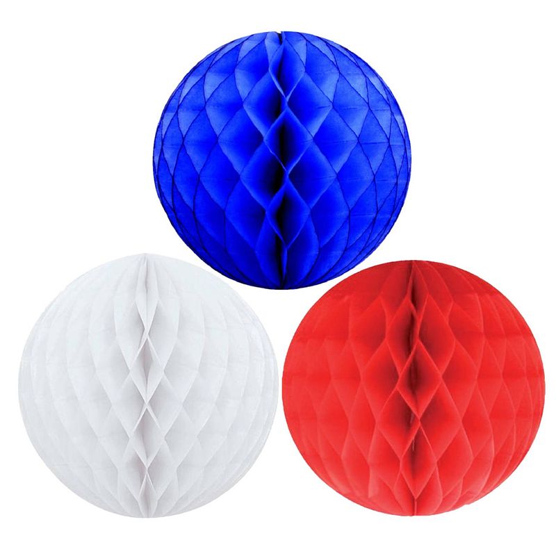 Foto van Kerstversiering set van 6x papieren kerstballen 10 cm blauw wit en rood - kerstbal