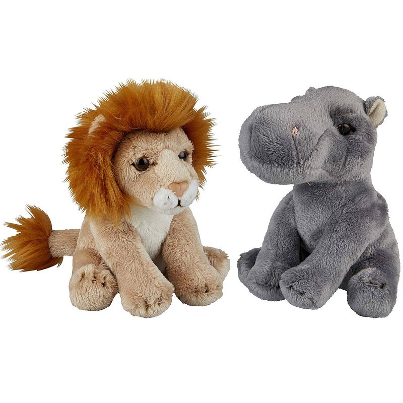 Foto van Safari dieren serie pluche knuffels 2x stuks - nijlpaard en leeuw van 15 cm - knuffeldier