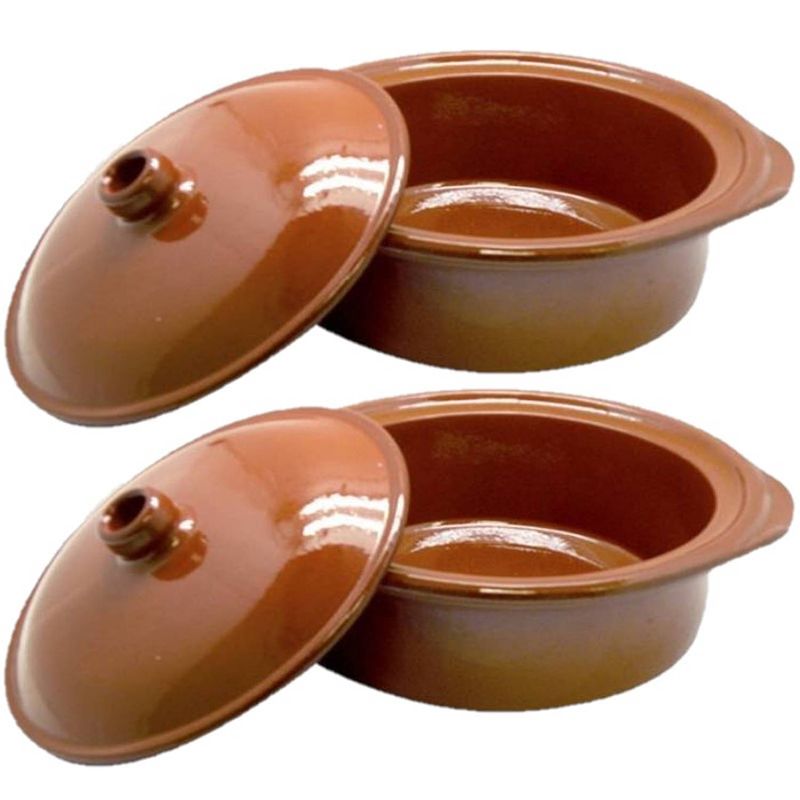 Foto van Set van 2x stuks tapas terracotta ovenschalen/stoofpotten cocotte met deksel 26 cm - braadpannen