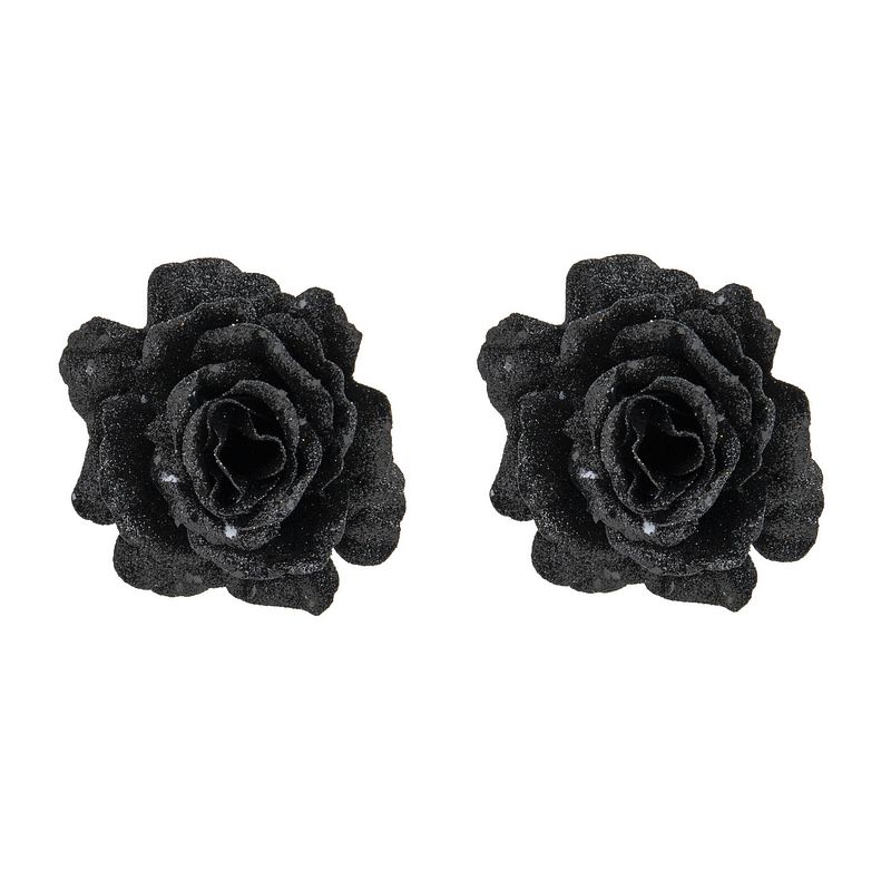 Foto van 2x stuks decoratie bloemen roos zwart glitter op clip 10 cm - kersthangers