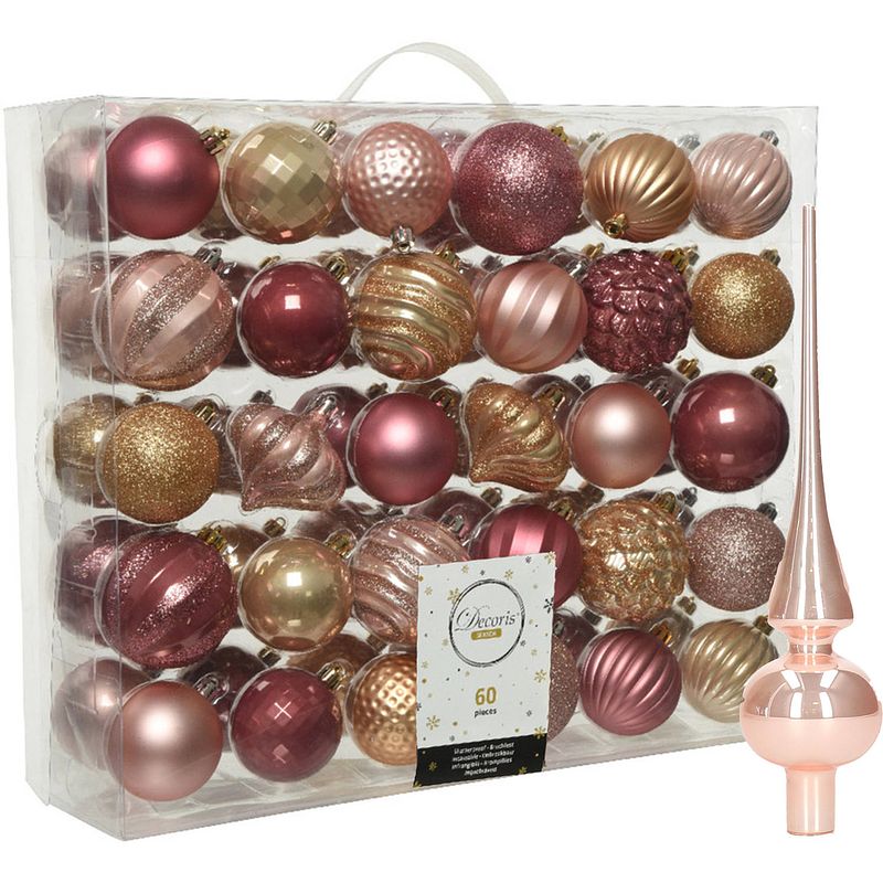 Foto van Kunststof kerstballen 60x stuks 6-7 cm met glazen glans piek roze en bruin - kerstbal