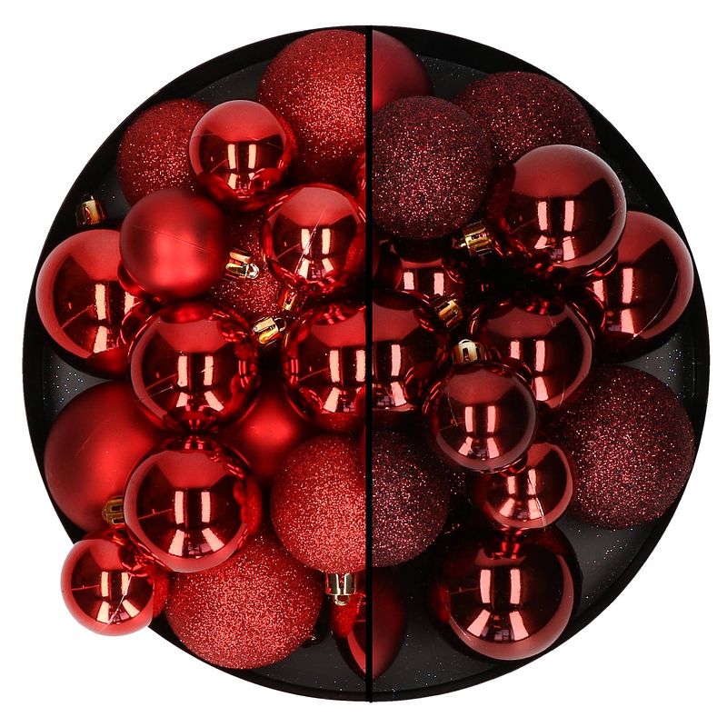 Foto van Kerstballen 60x stuks - mix donkerrood/rood - 4-5-6 cm - kunststof - kerstbal