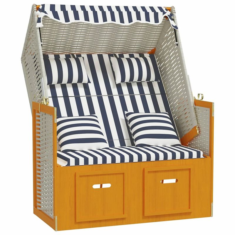 Foto van Vidaxl strandstoel met kussens poly rattan en hout wit en blauw