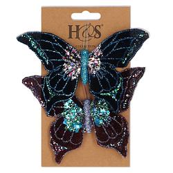 Foto van 2x stuks kunststof decoratie vlinders op clip paars en blauw 10 x 15 cm - kunstbloemen
