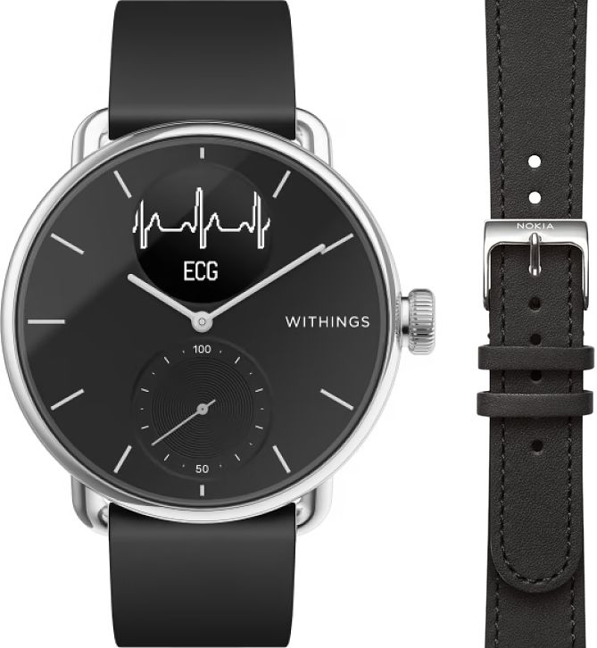 Foto van Withings scanwatch zwart 38 mm + withings leren bandje zwart 18mm