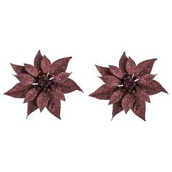 Foto van 2x stuks decoratie bloemen kerstster donkerrood glitter op clip 18 cm - kersthangers