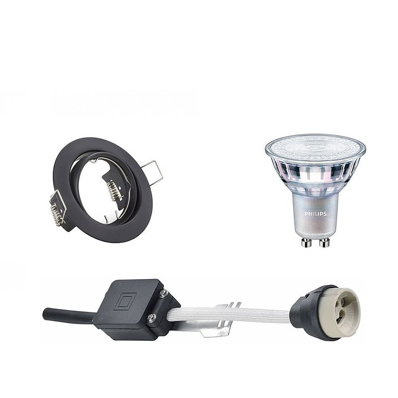 Foto van Led spot set - gu10 fitting - inbouw rond - mat zwart - kantelbaar ø83mm - philips - master 927 36d vle - 4.9w - warm