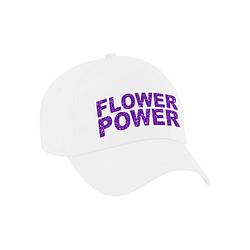 Foto van Paarse glitter letters flower power verkleed pet/cap wit volwassenen - verkleedhoofddeksels