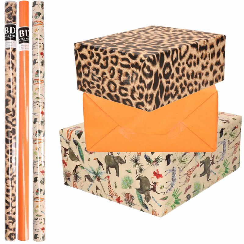 Foto van 6x rollen kraft inpakpapier jungle/panter pakket - dieren/luipaard/oranje 200 x 70 cm - cadeaupapier