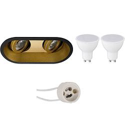 Foto van Led spot set - aigi - pragmi zano pro - gu10 fitting - inbouw ovaal dubbel - mat zwart/goud - 6w - helder/koud wit 6400k