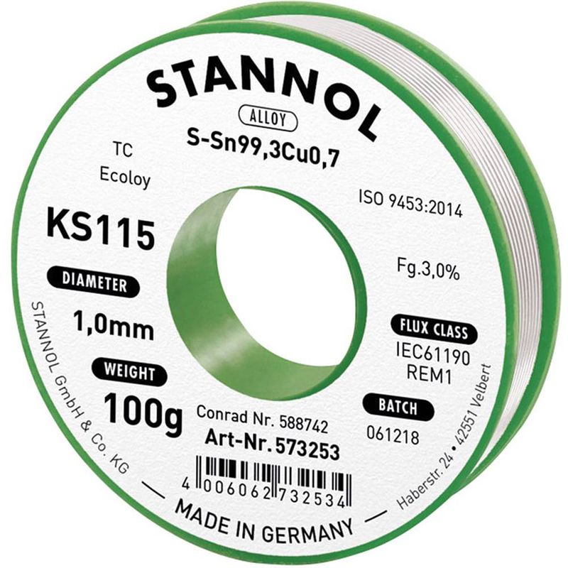 Foto van Stannol ks115 soldeertin, loodvrij spoel sn99,3cu0,7 rom1 100 g 1 mm