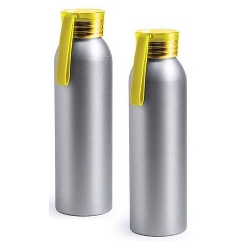 Foto van 2x aluminium drinkfles/waterfles met gele dop 650 ml - drinkflessen