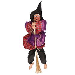 Foto van Halloween decoratie heksen pop op bezem - 44 cm - zwart/donkerrood - halloween poppen