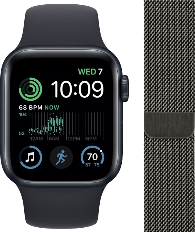 Foto van Apple watch se (2022) 4g 44mm midnight aluminium sportband + polsband milanees grafiet