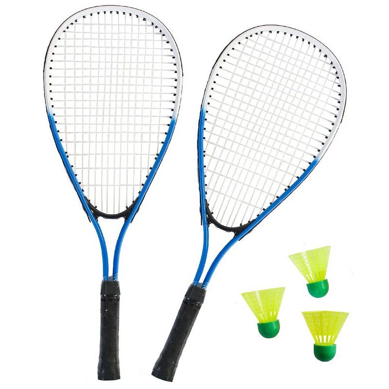 Foto van Sterke badminton set blauw/wit met 3 shuttles en opbergtas - badmintonsets