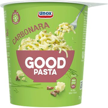 Foto van 1+1 gratis | unox good pasta carbonara 71g aanbieding bij jumbo