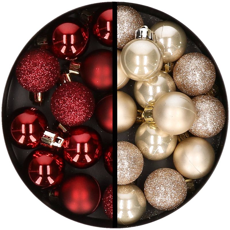 Foto van 34x stuks kunststof kerstballen donkerrood en champagne 3 cm - kerstbal