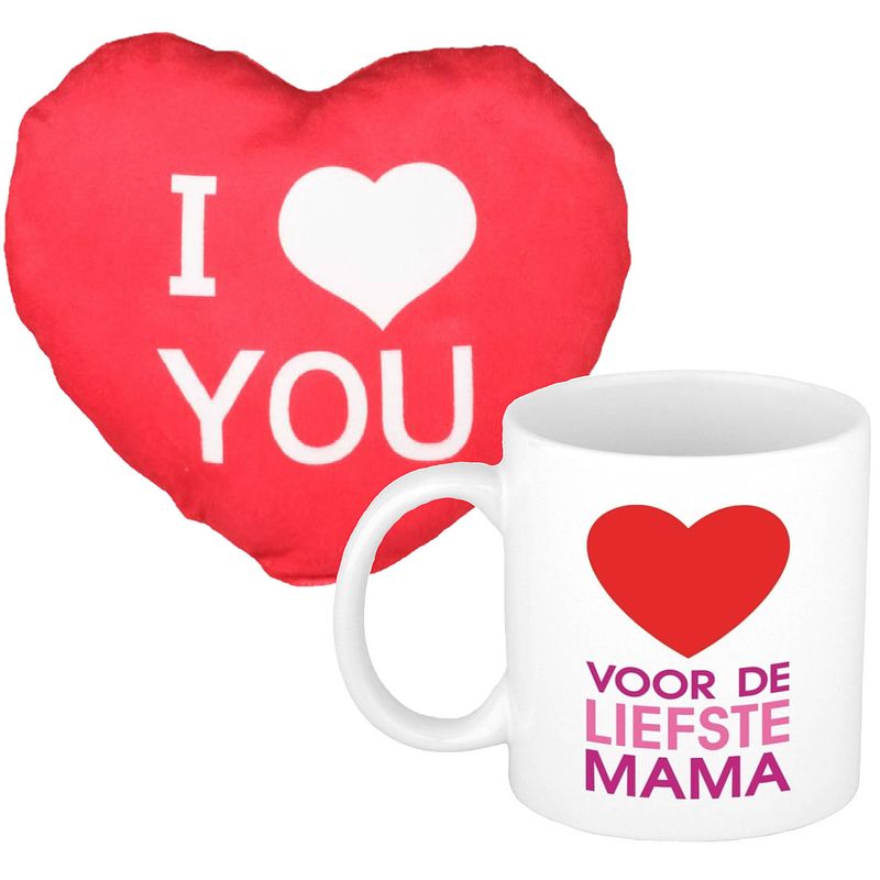 Foto van Voor de liefste mama mok/beker 300 ml incl. sierkussentje hart vorm 12 cm - feest mokken