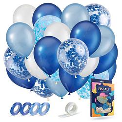 Foto van Fissaly® 40 stuks blauw, wit & donkerblauw helium ballonnen met lint - versiering decoratie - papieren confetti - latex