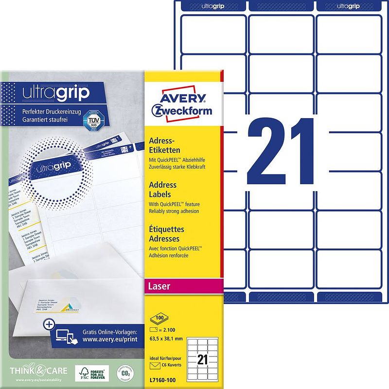 Foto van Avery-zweckform l7160-100 etiketten 63.5 x 38.1 mm papier wit 2100 stuk(s) permanent adresetiketten, universele etiketten inkt, laser, kopie 100 vel din a4