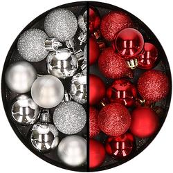 Foto van 34x stuks kunststof kerstballen zilver en rood 3 cm - kerstbal