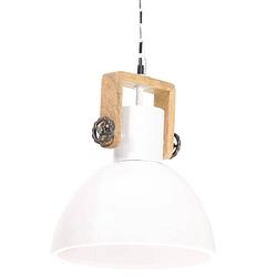 Foto van The living store hanglamp industriële stijl - ijzer/wit - mangohout/bruin - 30x37cm(øxh) - e27 - max 25w