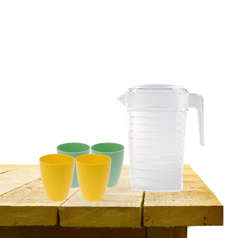 Foto van Set van 1x waterkan 1 liter met drinkbekers 2x geel en 2x groen - schenkkannen