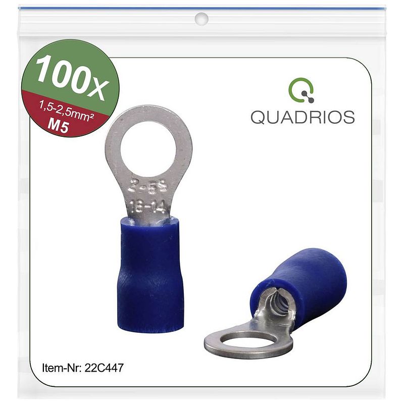 Foto van Quadrios 22c447 ringkabelschoen dwarsdoorsnede (max.): 2.5 mm² gat diameter: 5.3 mm deels geïsoleerd blauw 1 set(s)