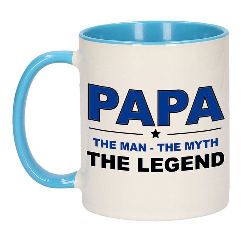 Foto van Papa the legend cadeau mok / beker wit en blauw 300 ml - feest mokken