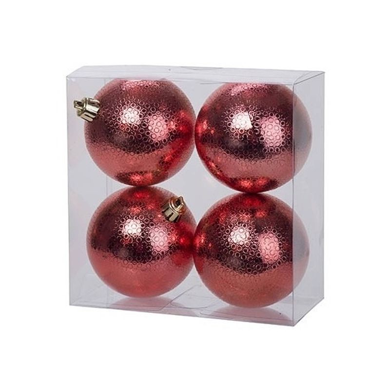 Foto van 12x kunststof kerstballen cirkel motief rood 8 cm kerstboom versiering/decoratie - kerstbal