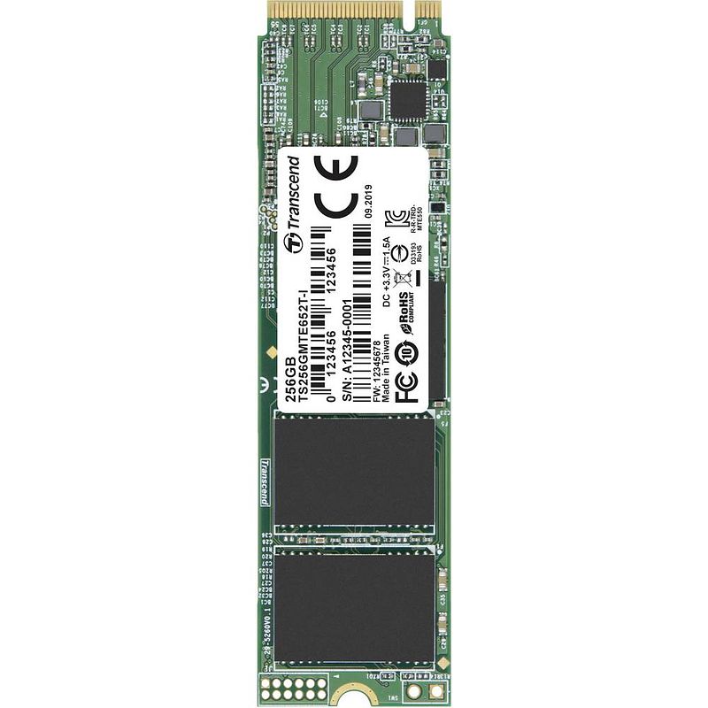 Foto van Transcend mte652t-i 256 gb nvme/pcie m.2 ssd 2280 harde schijf pcie nvme 3.0 x4 retail ts256gmte652t-i