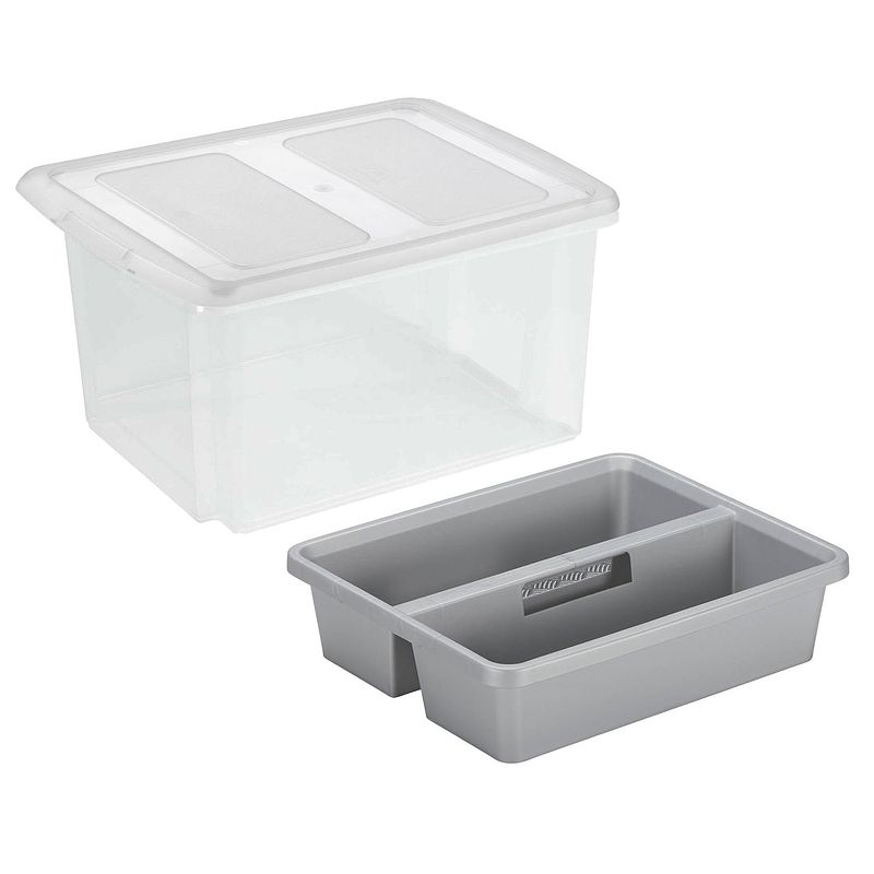 Foto van Sunware opslagbox kunststof 32 liter transparant 45 x 36 x 24 cm met deksel en organiser tray - opbergbox