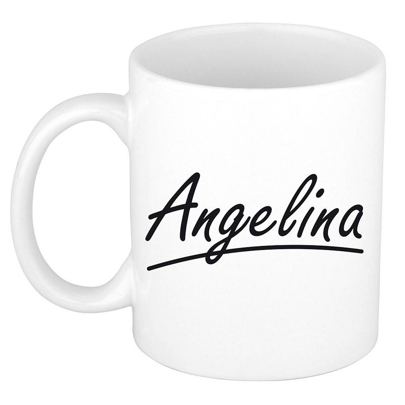 Foto van Naam cadeau mok / beker angelina met sierlijke letters 300 ml - naam mokken