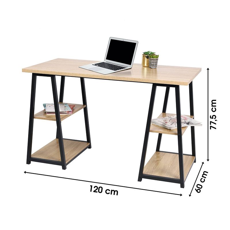 Foto van Gebor - bureau - buro - thuiswerk plek - scandinavische look - zwart - metaal - hout - 4 planken - opgeruimd