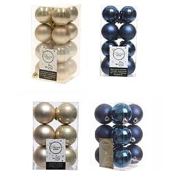 Foto van Kerstversiering kunststof kerstballen mix donkerblauw/champagne 4 en 6 cm pakket van 80x stuks - kerstbal