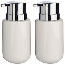 Foto van 2x stuks zeeppompjes/dispensers van keramiek - wit/zilver - 350 ml - zeeppompjes