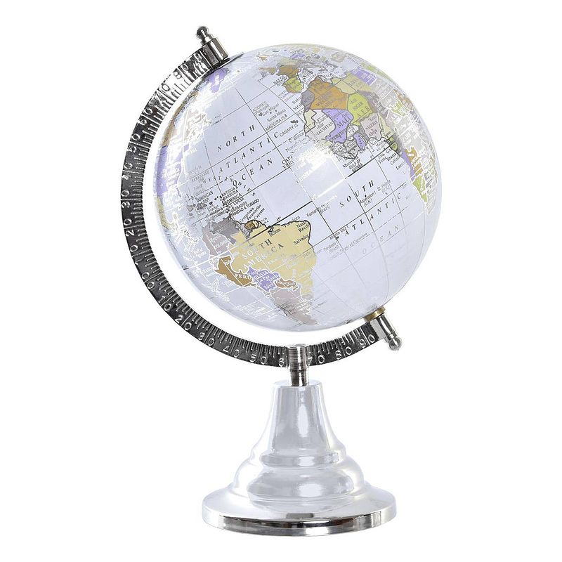 Foto van Items deco wereldbol/globe op voet - kunststof - grijs/zilver - home decoratie artikel - d15 x h28 cm - wereldbollen